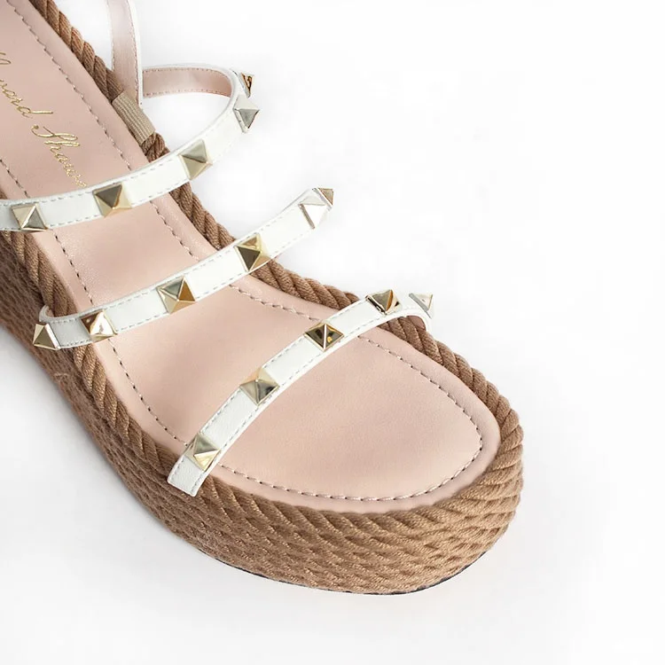 
Custom Fashion Sandal Shoes Sexy High Heel Women Shoes Rivet Studded Strap platform Sandal Jute Wedge Shoes for Ladies 