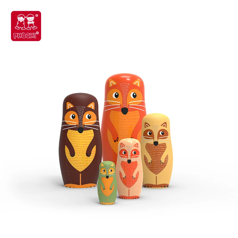 New Design with Hand Paint Children 5 PCS Fox Custom Nesting Russia Doll Toy Wooden education toys