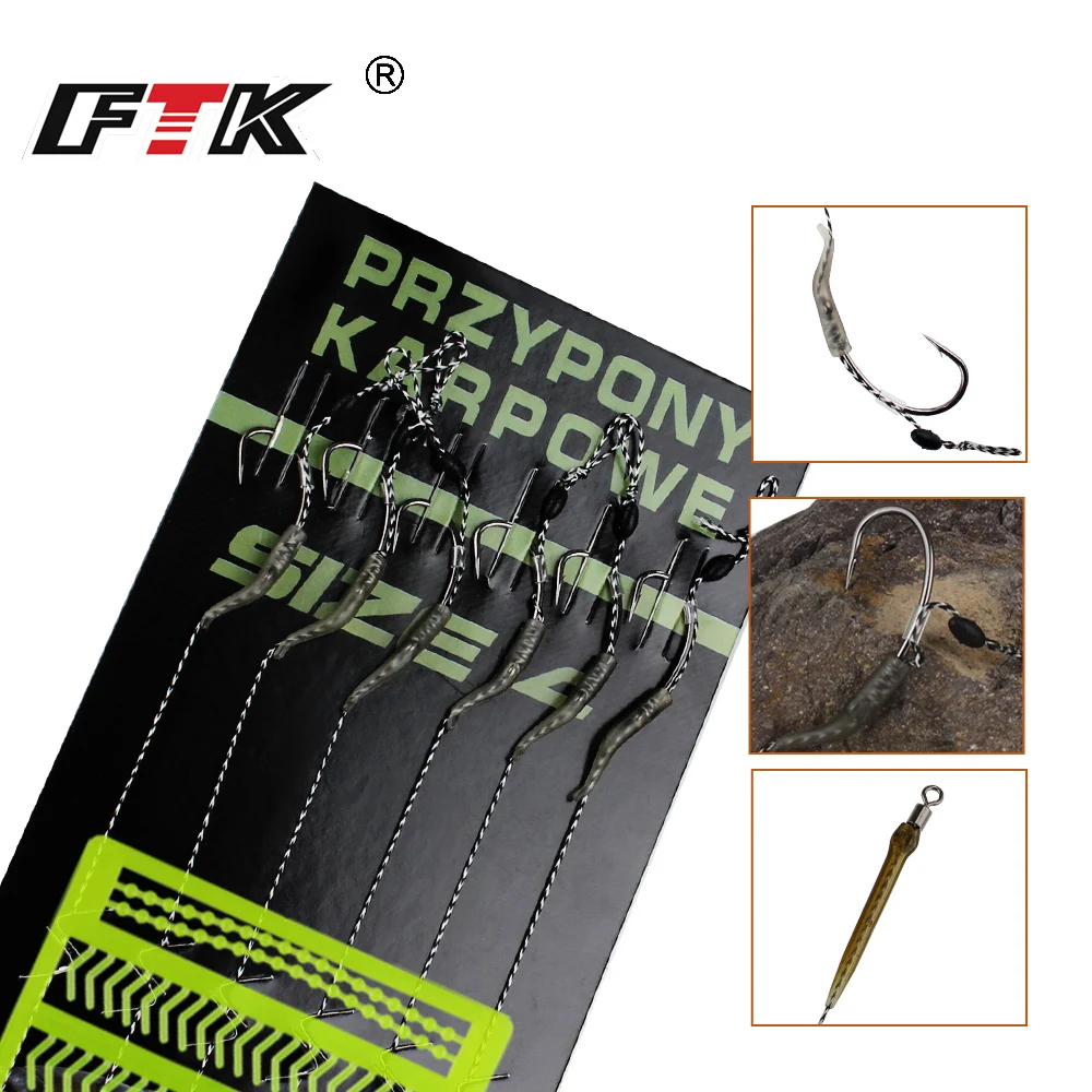 FTK Carp Fishing Hair Rigs Assorted Hand Tied Carp Fishing Hooks Size 2#4#6#8# Fishing Tackle Accessories Pesca