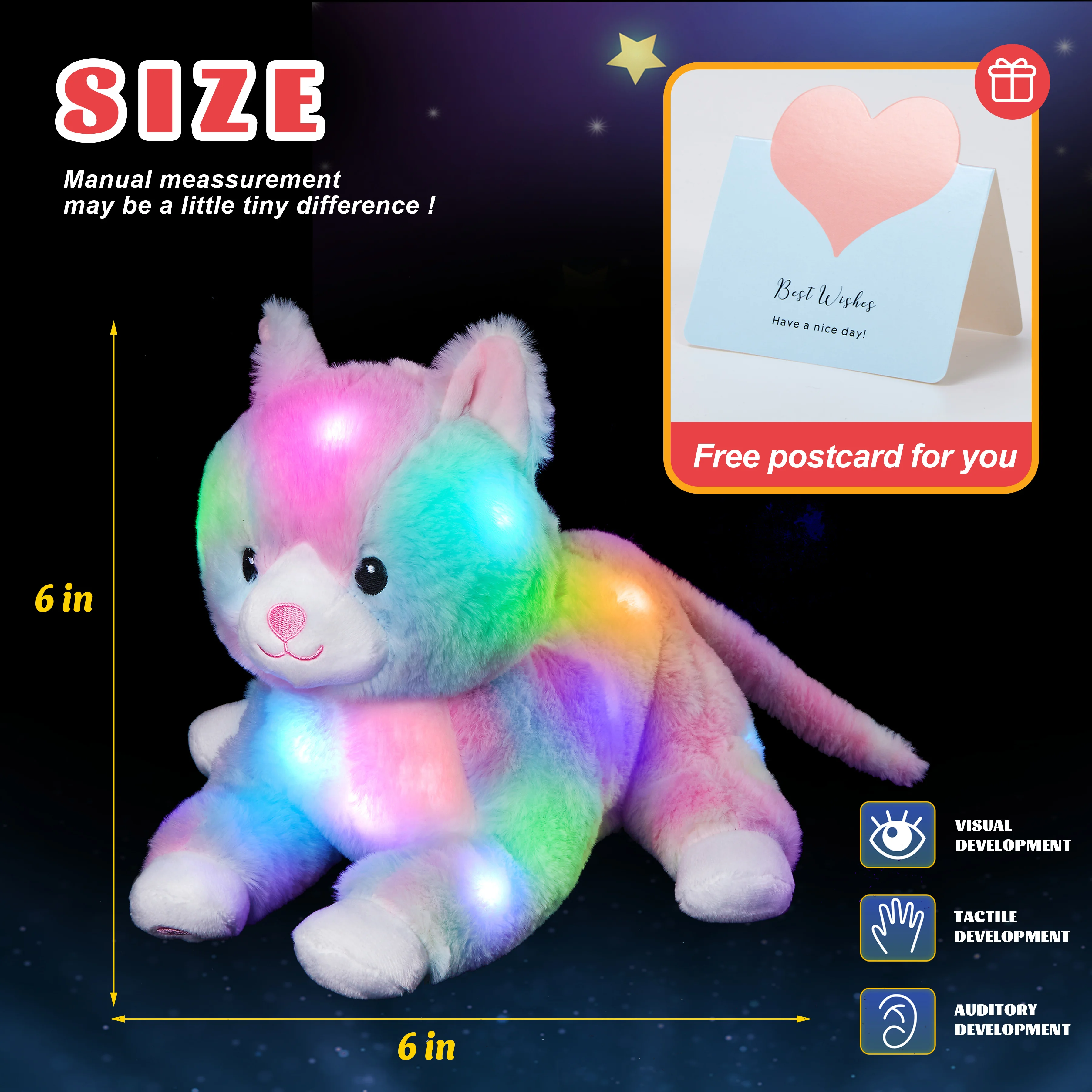 Glow Guards 13' Lying Light up Cat Plush Toy Rainbow Kitty Soft Stuffed Bed Night Light Birthday for Toddler Kids