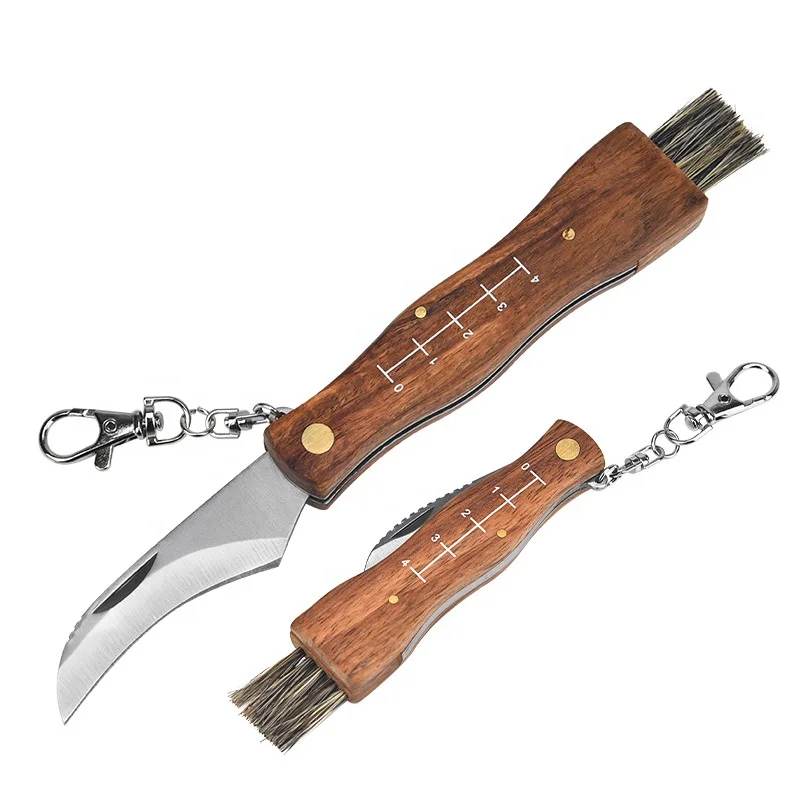 Hot Sale Outdoor Picking Cutting Wooden Handle Folding Knife Mushroom Knife With Brush Keychain