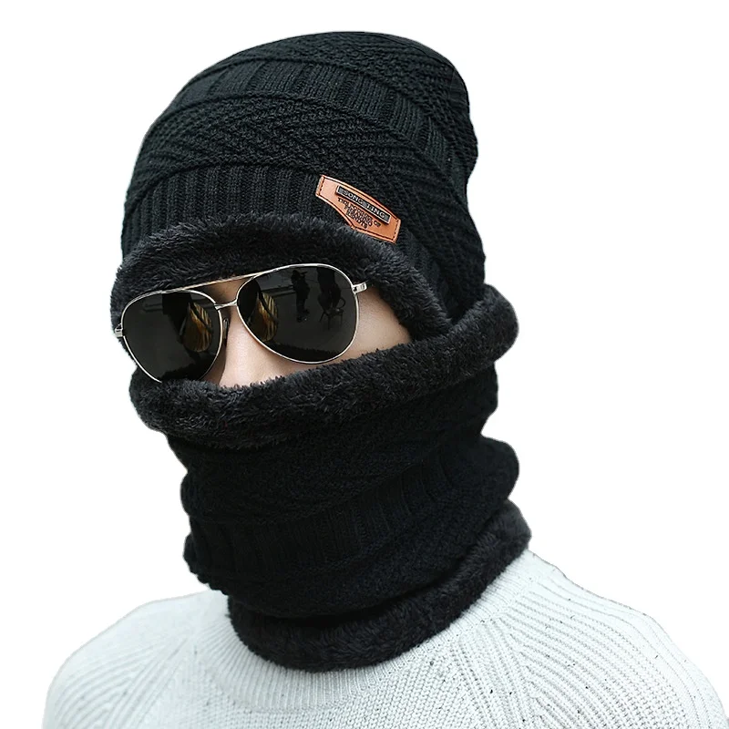 Ready To Ship H2 Black Soft Thicken Wool Ski Hat Men Warm Hats Neck Warm Winter Kitted Hat Set Men Beanie Mens for Winter warm