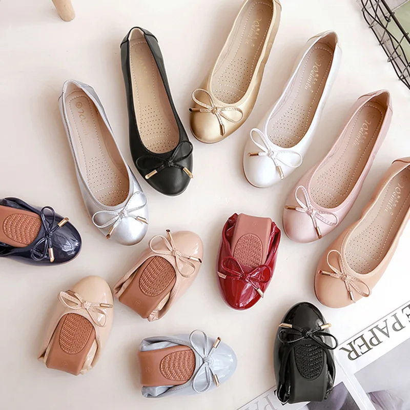 Cute Woven Shiny PU Bow Snake Peach Patent Leather Candy Soft Ballet Flats Women Ballerina Shoes Glitter Bowtie Roll Up Foldable