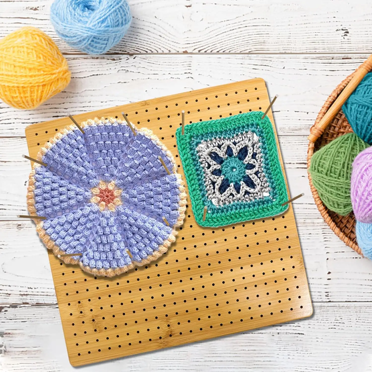 Blocking Board for Crocheting with 15 Stainless Steel Rods Crochet Blocking Board Large Base Bamboo Granny Square with Pegs