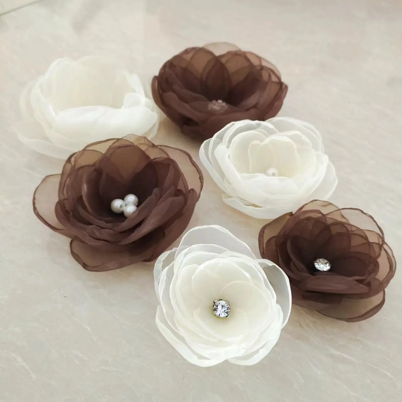 white organza flower with crystal flower applique,3d flowers for dresses decorating