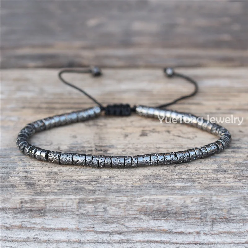 Bohemian Dainty Beaded 4mm Plated Natural Lava Stone Adjustable Bracelet Ethnic Tibetan Multi Colors Gemstone Jewelry Wholesale