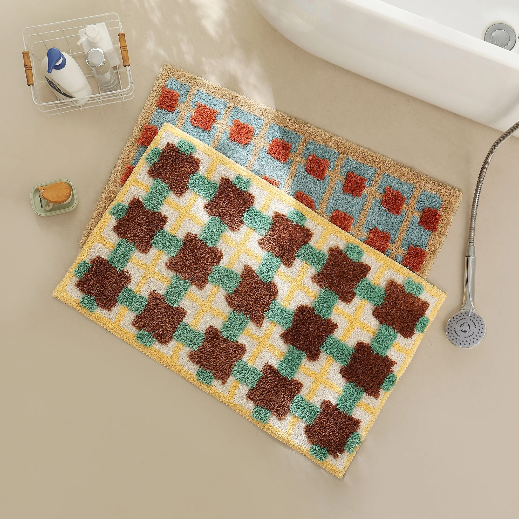 Vintage Checkered Bathroom Mat Microfiber Tufted Absorbent Bath Mat With TPR Non-slip Mat for Bath