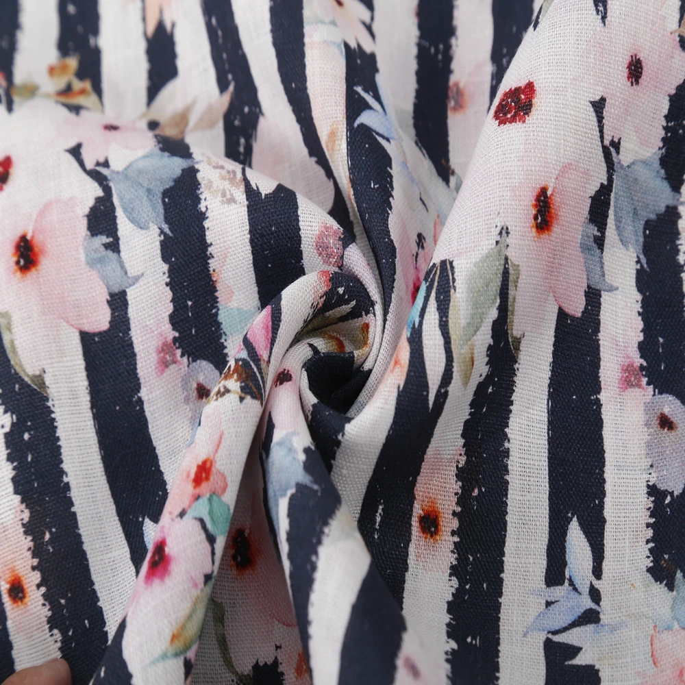 No MOQ Custom Digital Print Linen Material Black Stripe Design Floral Printed 100% Linen Woven Fabric For Clothing