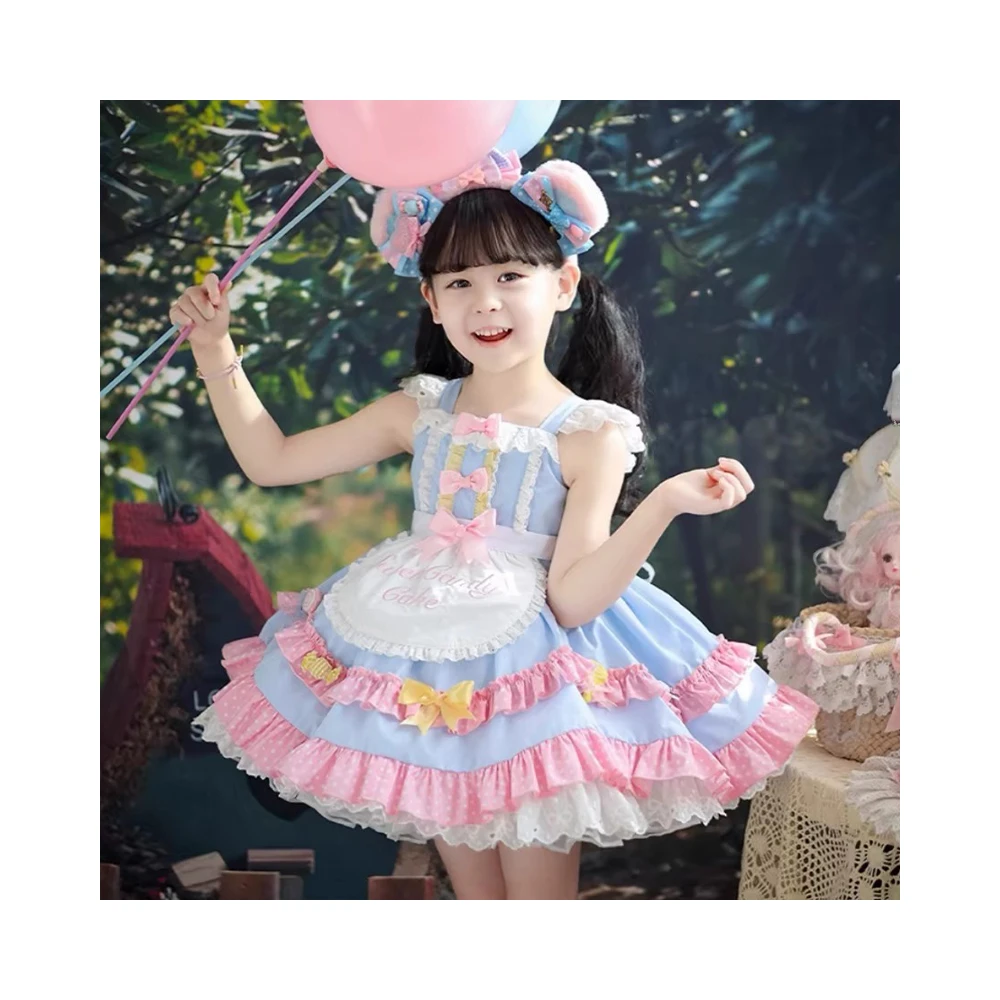 Yalindars Sky Blue Spaghetti Strap Bow Lolita Girls Dresses sweet candy decoration fluffy lace party dress