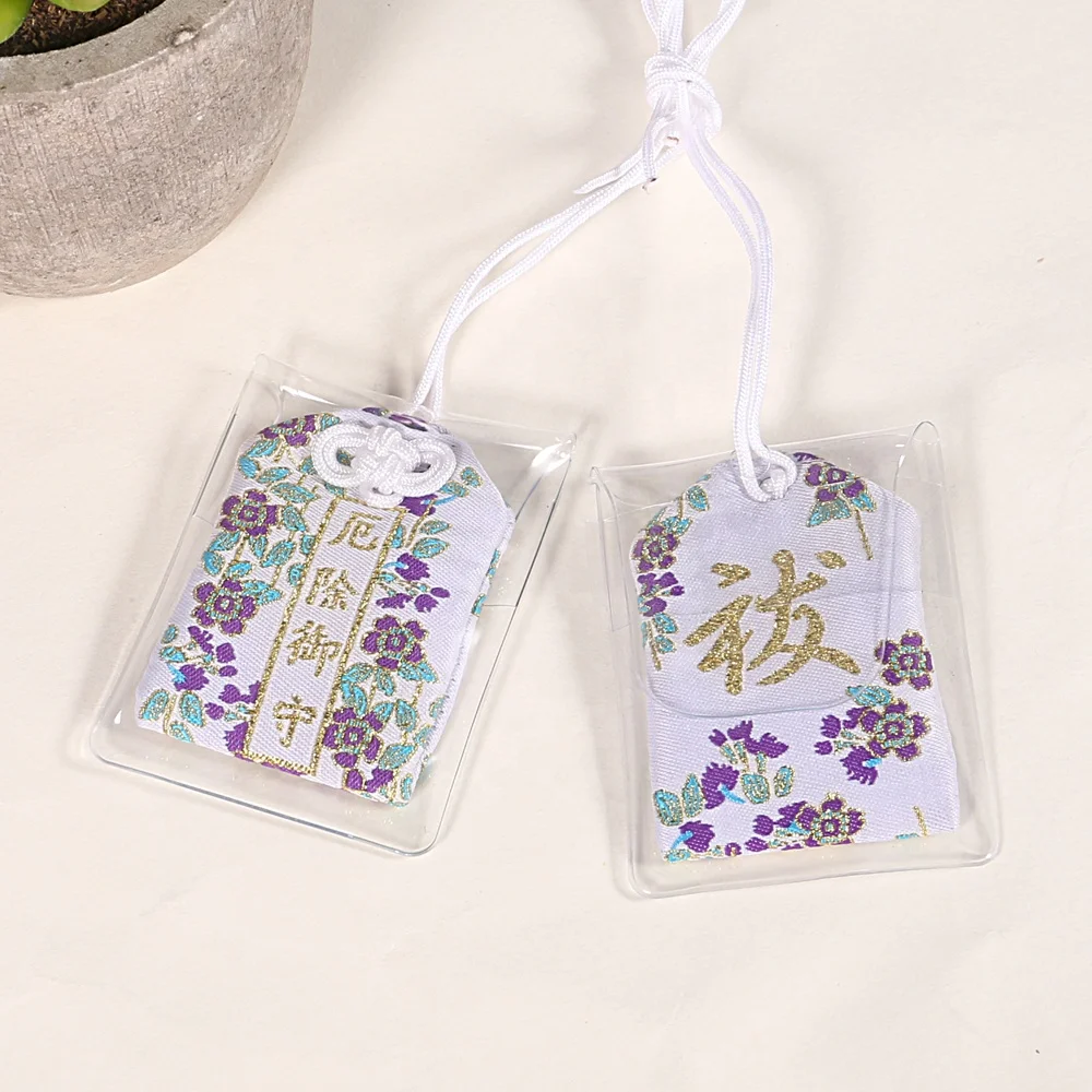 Высококачественные японские очаровательные омамори на удачу белого цвета с фиолетовыми и золотыми нитями вышивка на удачу
