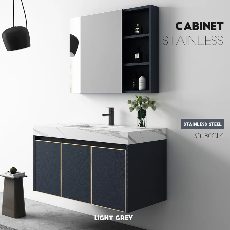 2022 Modern Bathroom Cabinet Stainless steel bathroom vanity with sink   Wholesale Bathroom Furniture  with  led mirror cabinet