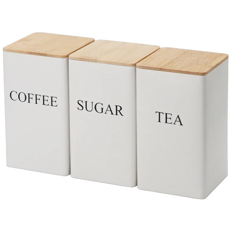 Hot Sale Minimalist Metal Tea Coffee And Sugar Canister Jar Set Wooden Storage Box White Black Can With Bamboo Lid For Kitchen