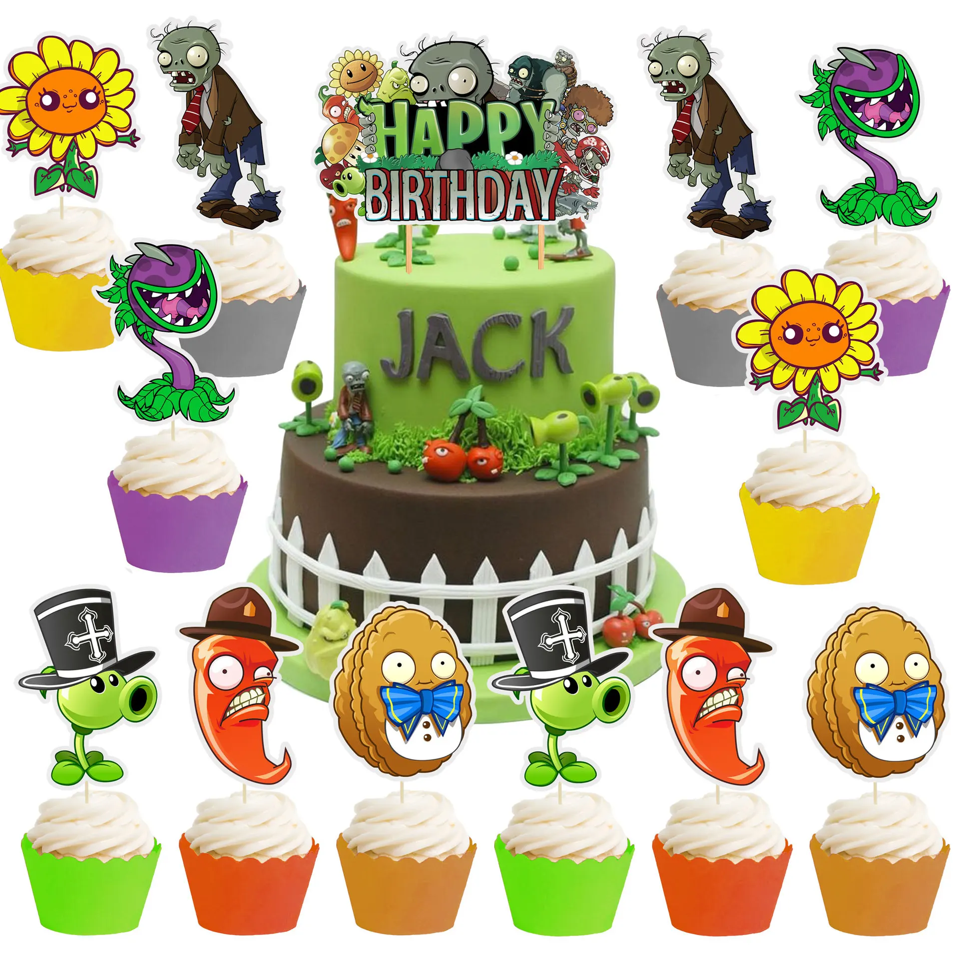 Plants V.S. Zombies Theme Happy Birthday Cake Topper Paper Banner  Party Decoration Set