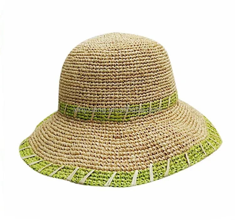 Factory Custom Hand Crocheted Raffia Kettle Brim Hat, Foldable Natural Round Crocheted Raffia Straw Hat, Knitted Raffia Cap