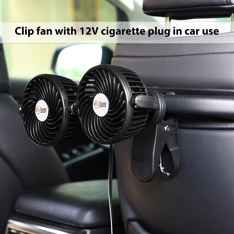Factory Made Hot Sell 12V Clip-on Dual-Head double Car Fan with variable speed control and heavy duty clip
