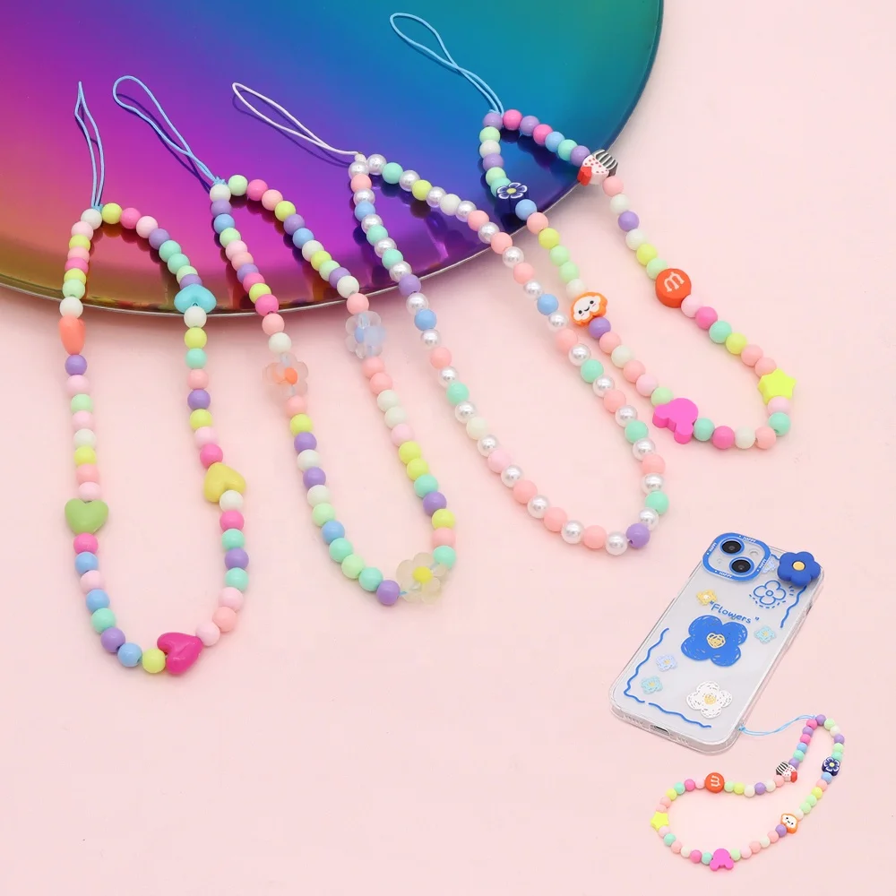 Multi Color Cellphone Charm Flower Heart Clay Pearl Charm Cell Phone Lanyard Strap Beads Mobile Phone Chains