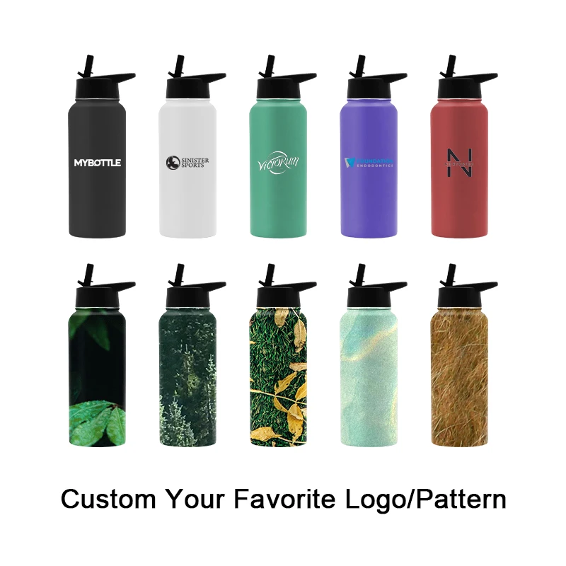 Custom Double Wall Vacuum Insulated Sports Thermos Metal Flask Stainless Steel Water Bottle with Handle and Straw Lid