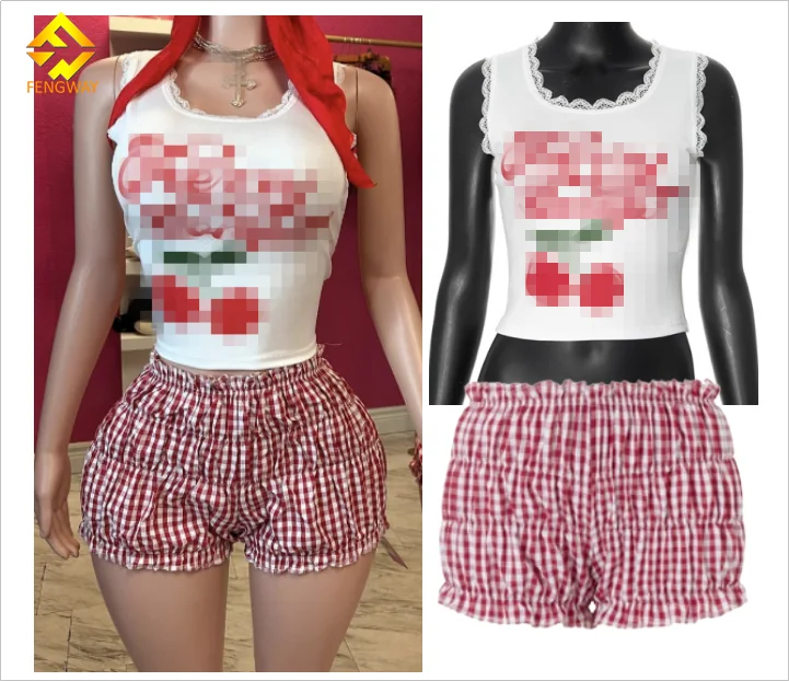 boutiques 2024 fashion Tank Top And Plaid Ruffles Shorts  cute Crop Top 2 Piece puff Shorts Sets For Women