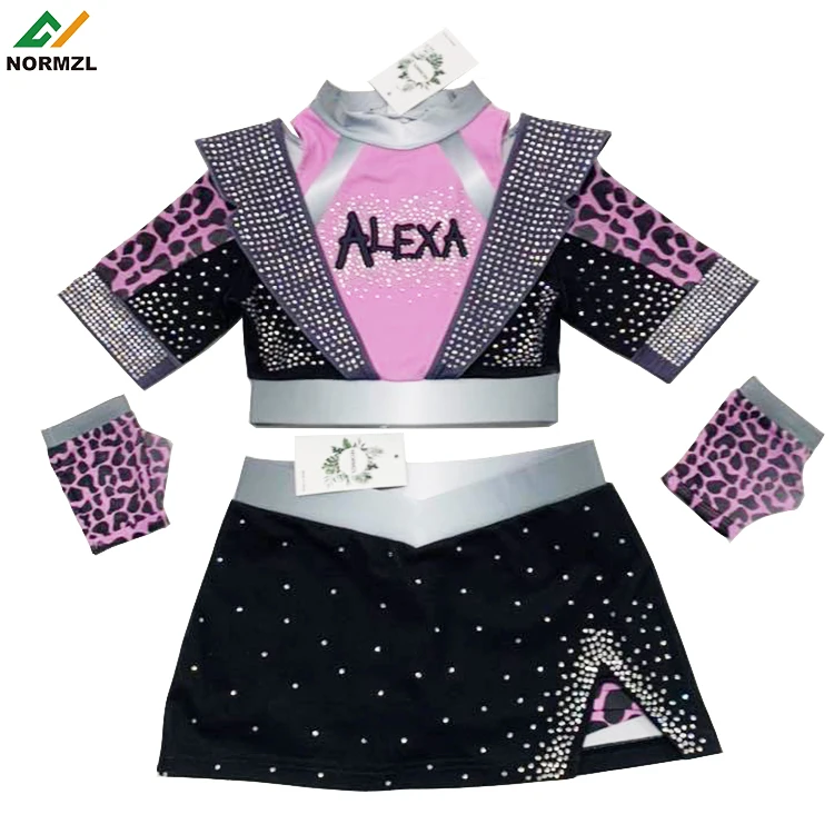 Custom rhinestone black and purple two pieces cheer suit cheerleader outfit all stars kids cheerleading uniforms