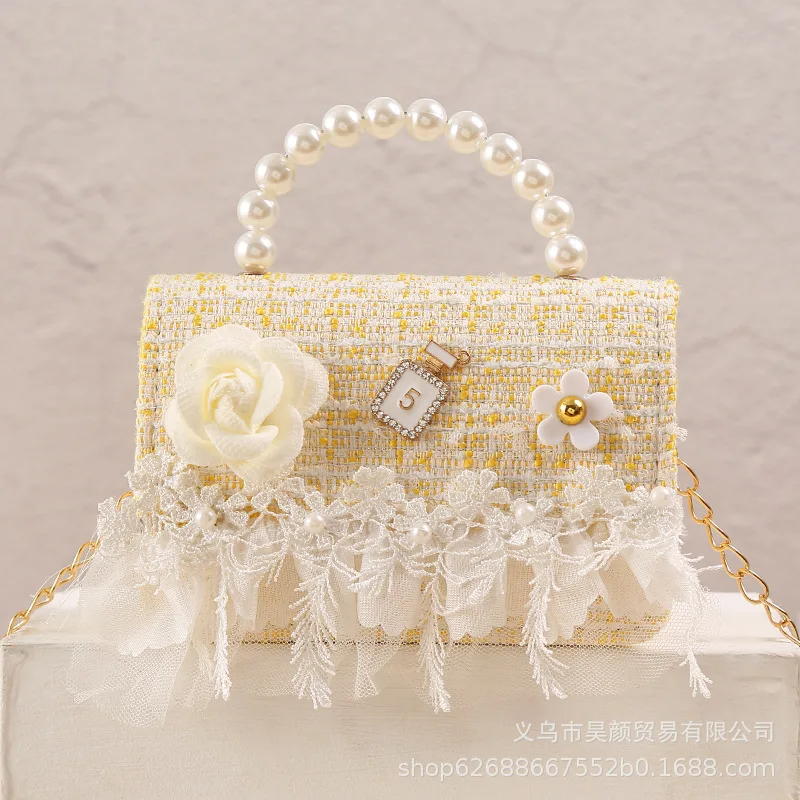 Fashion Autumn Winter New Design Leather Flower Mini Cute Handbag For Girls Small Size Pearl Single Bag Purse