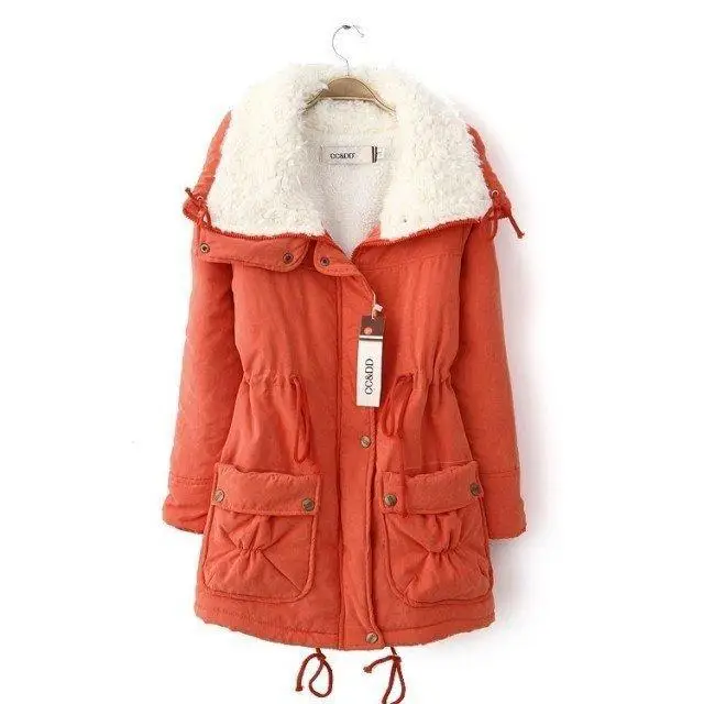 
women mid-length drawstring waist slimming lamb padded jacket coat 