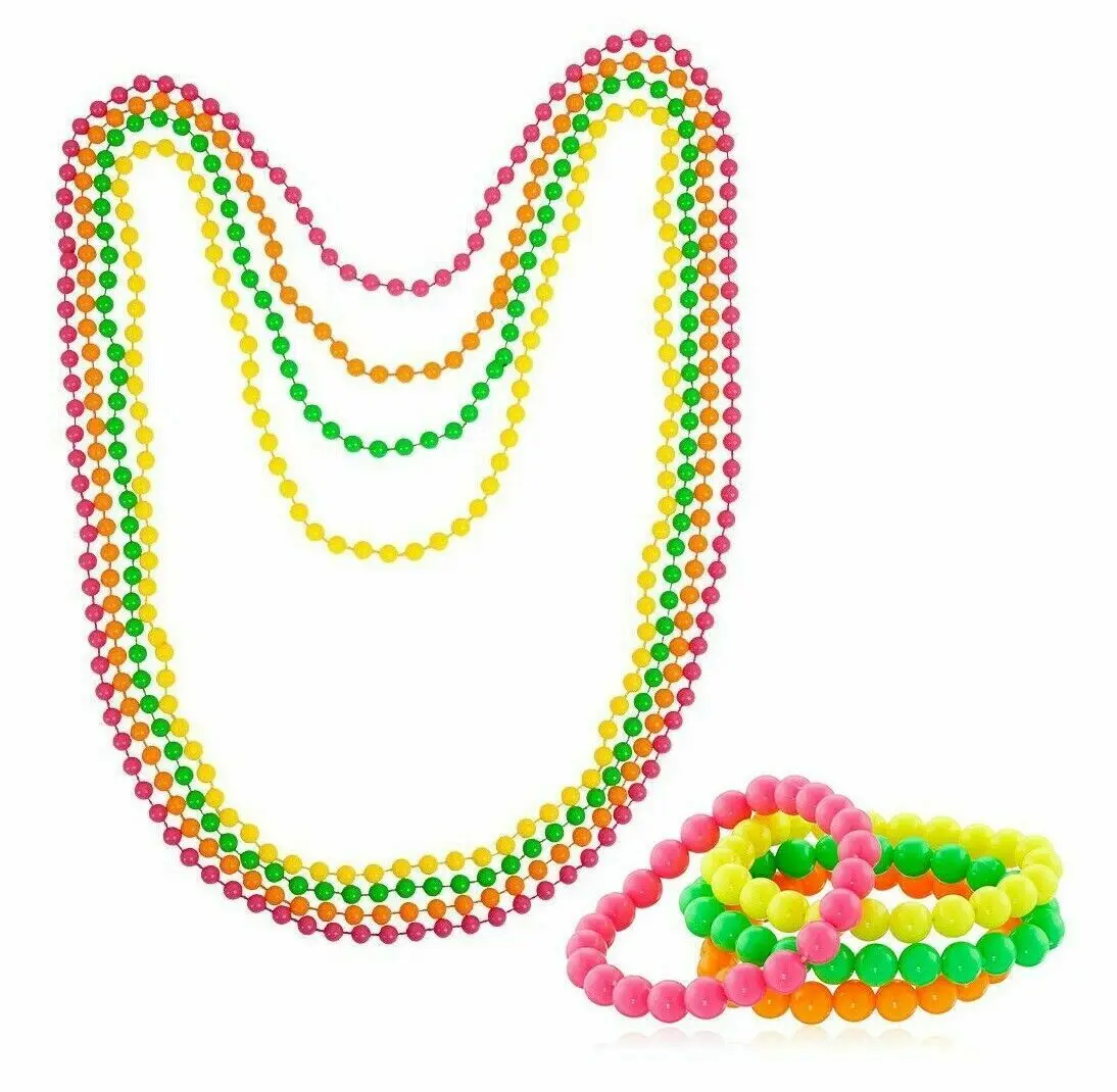 BEADS NEON BRACELET NECKLACE SET 80s Fancy Dress Costume Party Accessory Bright RAVE