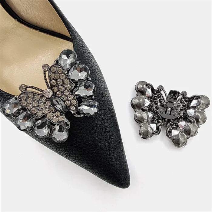2024 Factory hot sell style alloy with bling rhinestone women high heel black metal color butterfly shoe buckle hardware