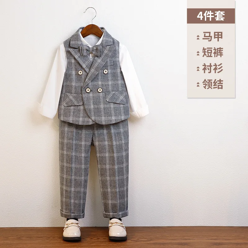Handsome Checkered Vest Set for Boys Hosting Flower Children Performance Clothing 2023 High Quality Boys Suit Set