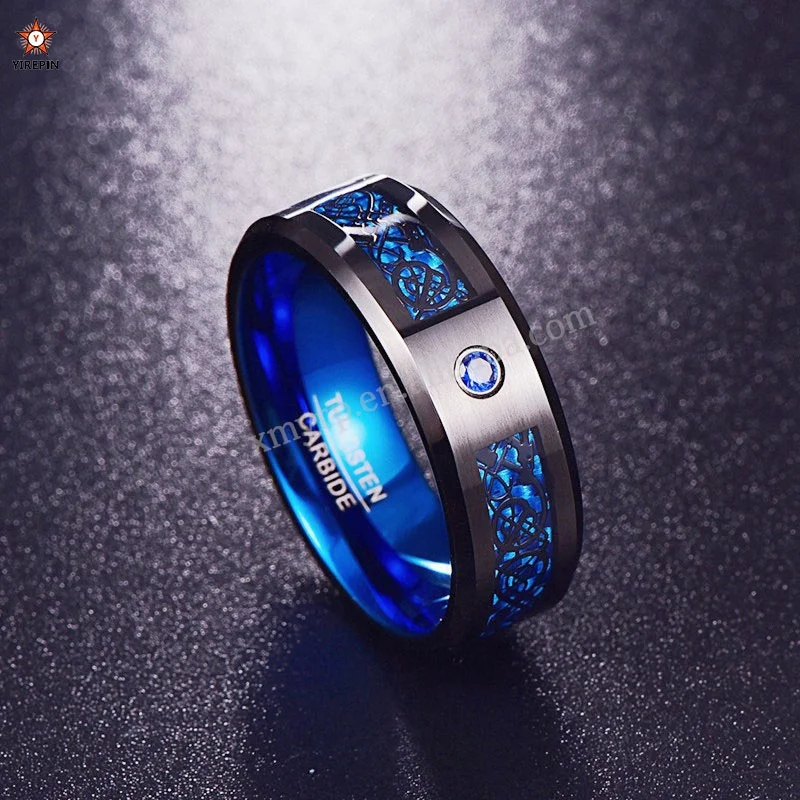 Fashion Black Tungsten Wedding Celtic Dragon Rings For Men Inlaid blue Zircon Punk Men Stainless Steel blue Carbon Fibre Ring