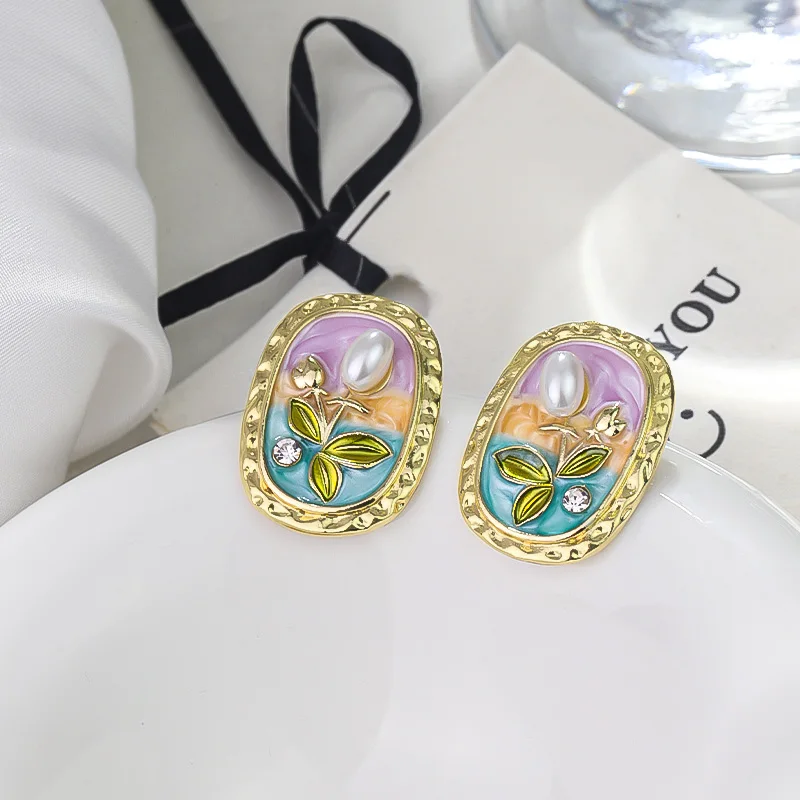 Silver Needle Enamel Drip Inlaid with Diamond Oval Flower Pearl Fashion Trendy Earrings New Chinese Style Fresh  Clean Earrings