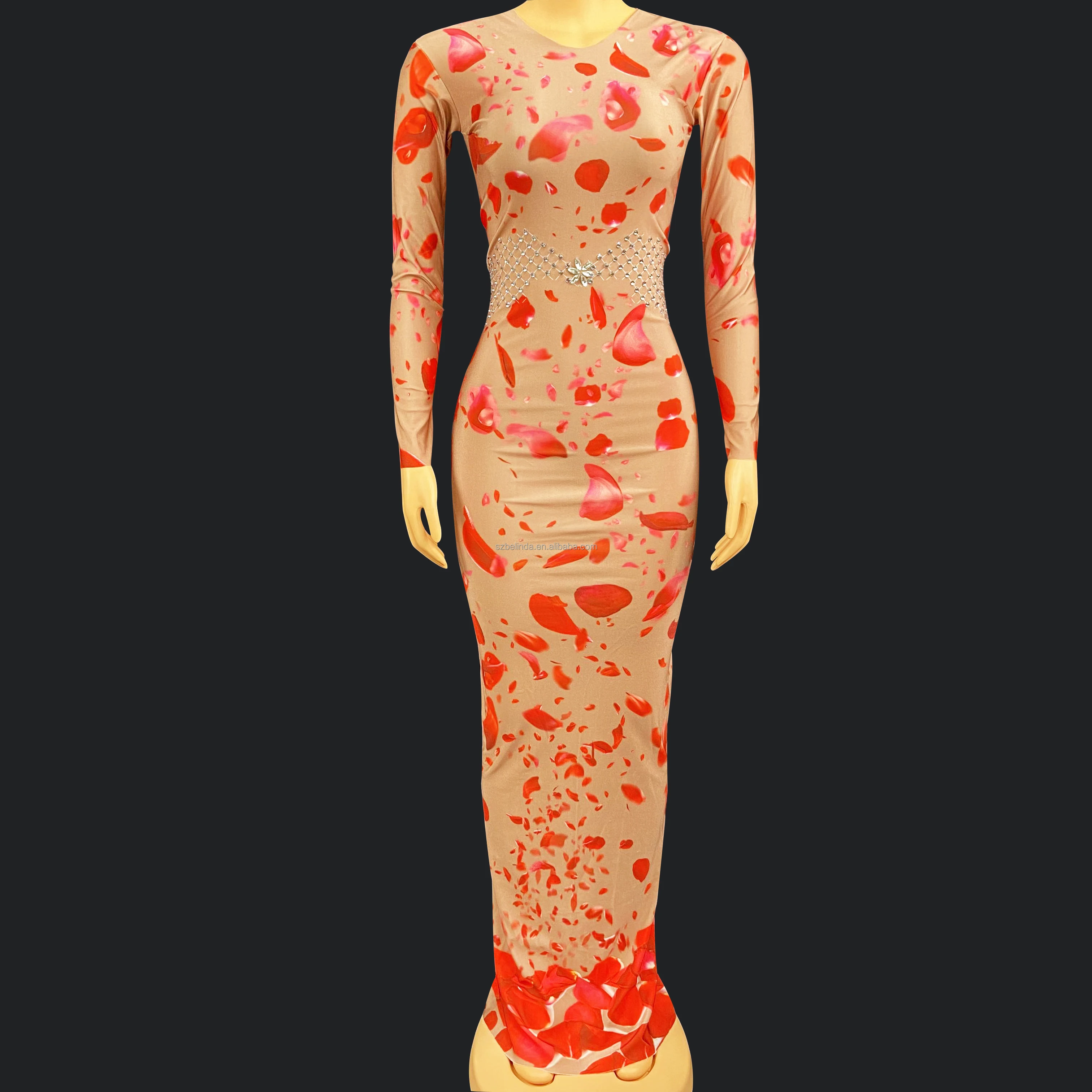 Sexy Red Multi-color Flowers Long Dress Women Dancer Performance Stretch Stage Costume Outfit Evening Prom Party Dress