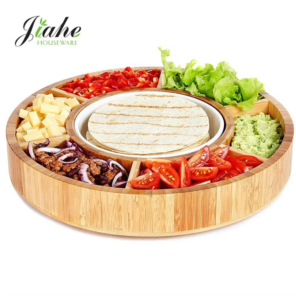 Rotating bamboo taco serving platter serving tray