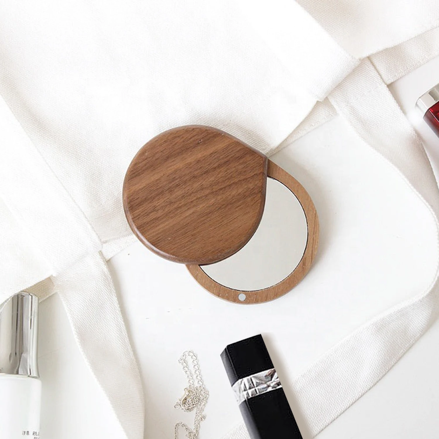 Women Wooden Custom Logo Round Mini Hand Held Rotating Design Travel Portable Makeup Mirrors Wood Compact Pocket Cosmetic Mirror