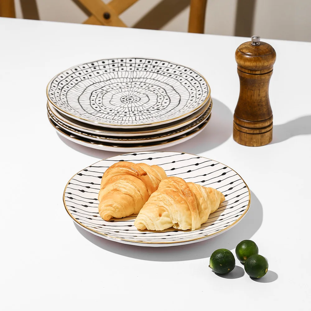 8 Inch Round Hotel Used Gold and White Baking Dessert Dish Stoneware Dinner Plates Set Ceramic