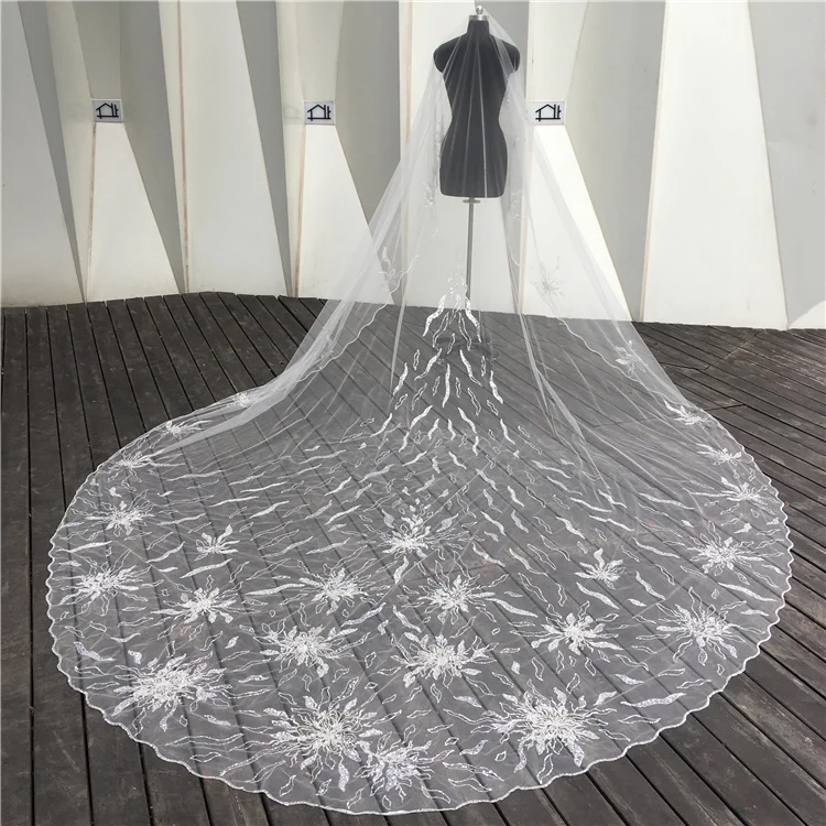 New Arrivals Korean Style Design White Shinny Sequin Golden Embroidery Soft Tulle Wedding Veil For Bride