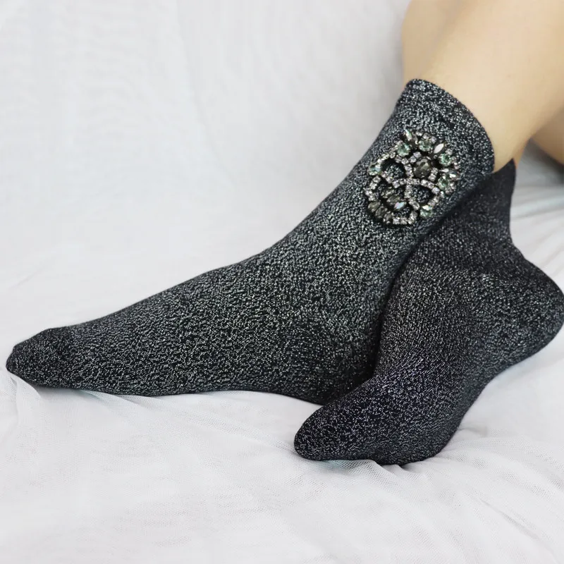 
Oem Black Skulls Diamond Silver Yarn Dark Gothic Sock For Girl 