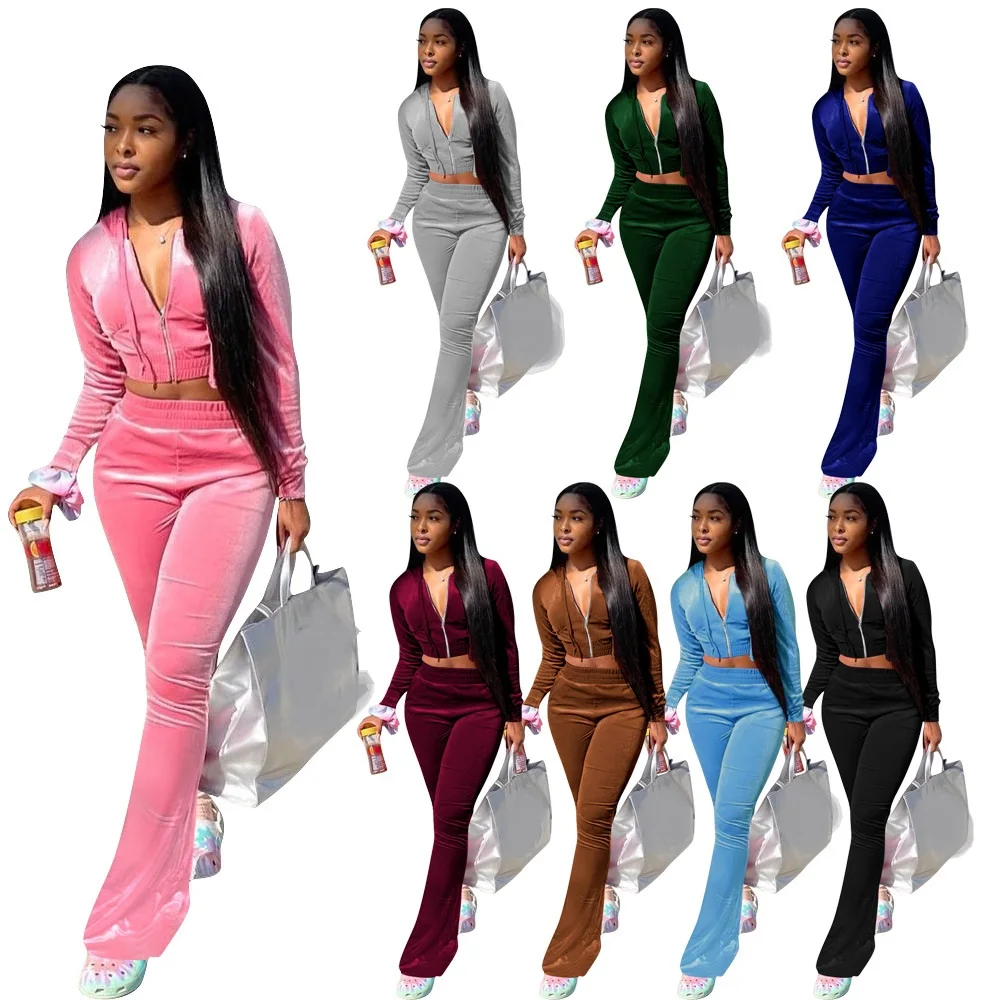 Hooded Crop Top Pants sets Autumn Winter Casual Solid Color Velvet Hoodie fall set woman 2 pcs outfit Zipper Lady Two Piece