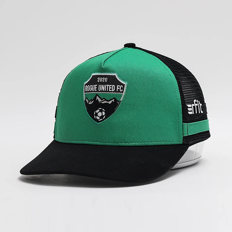 Popular Personalized Embroidery 5 Panel Two Tone Fitted Hat Custom Logo Cotton Mesh Trucker Sports Caps with plastic closure