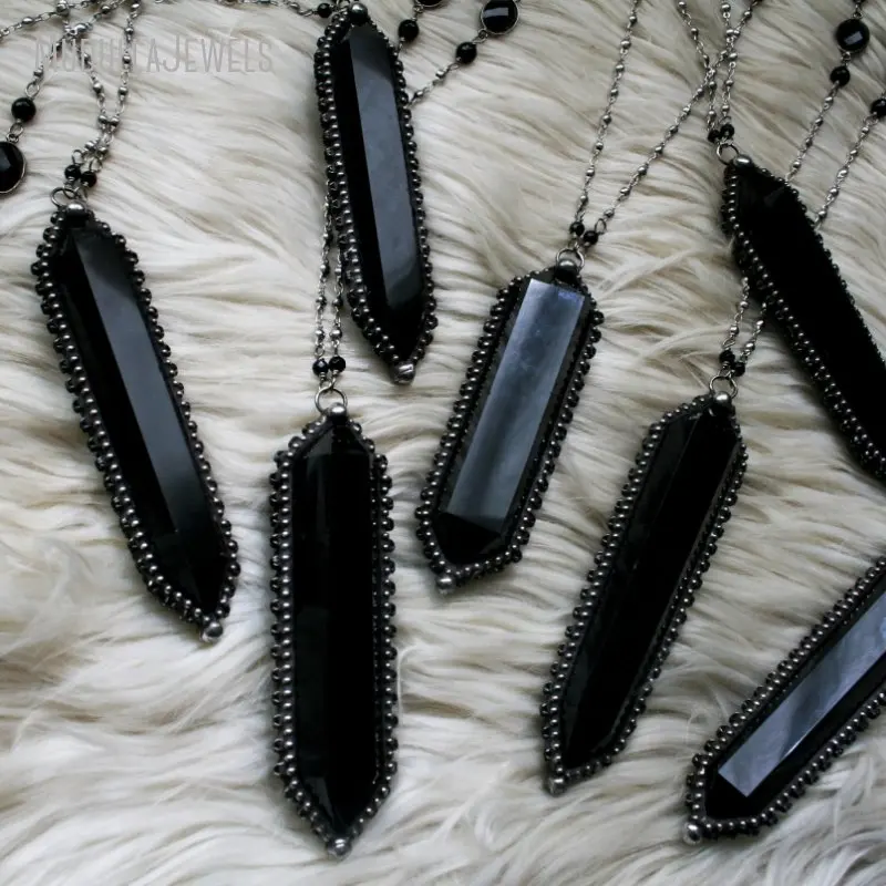 NM42367 Massive Black Obsidian Double Terminated Crystal Necklace Large Obsidian Big Crystal Point Witch Pendulum Necklace