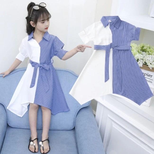 
SE7171 wholesale kids clothes fancy patchwork lace striped pattern colourful girls dress with belt 