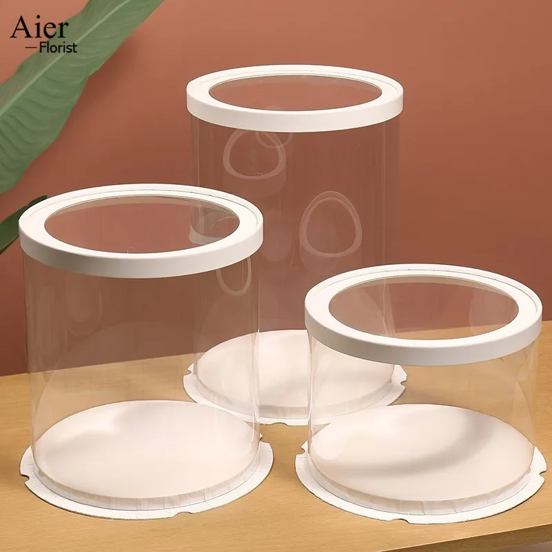 Aierflorist clear pvc paper cardboard made cake pastry box white cake board/round shape packaging wedding cake box with window