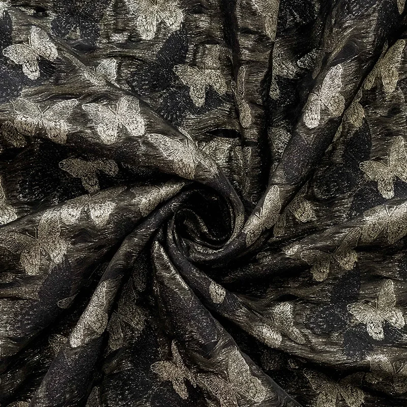 gold silk butterfly jacquard beautiful dress fabric by elegant black dress yarn-dyed shaggy skirt decorative fabric