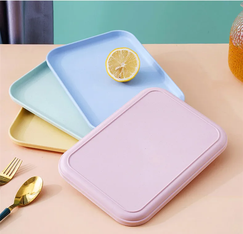 Eco-friendly Plastic Plate Reusable Rectangle Food Serving Tray Wheat Straw Dishes & Plates For Home Restaurant