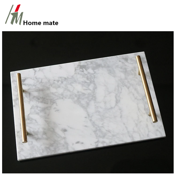 Hotel Decorations Home Luxury Rectangle Food Serving Marble Tray With Gold-Tone Handles