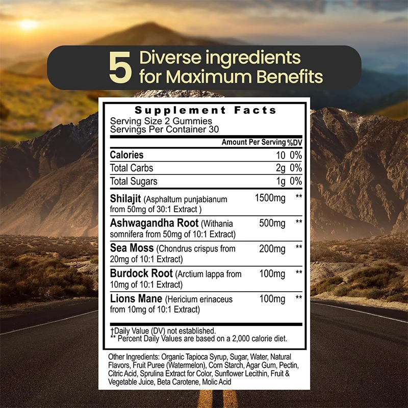 OEM Hot Sale Organic Shilajit Ashwagandha Burdock Root Gummies Sea Moss Lions Mane Premium Shilajit Gummies