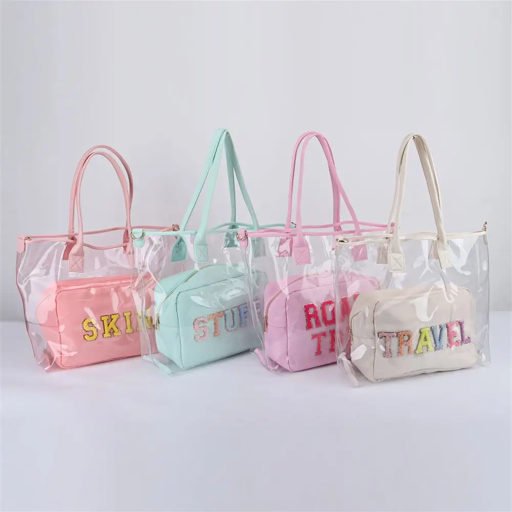 Durable Personalized Chenille Letter Patches DIY Candy Colors PVC Transparent Waterproof Handbag Large Clear Hand Bag Beach Tote