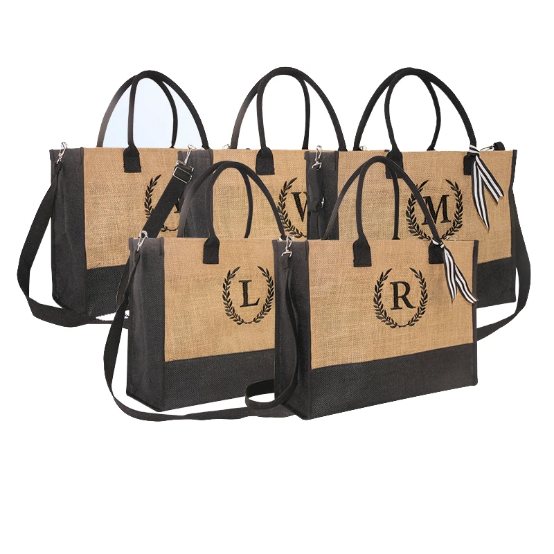 Custom Sublimation Blank Recycled Jute Shoulder Bag Beach Shopper Adjustable Strap Linen Tote Bags with Printed Logo