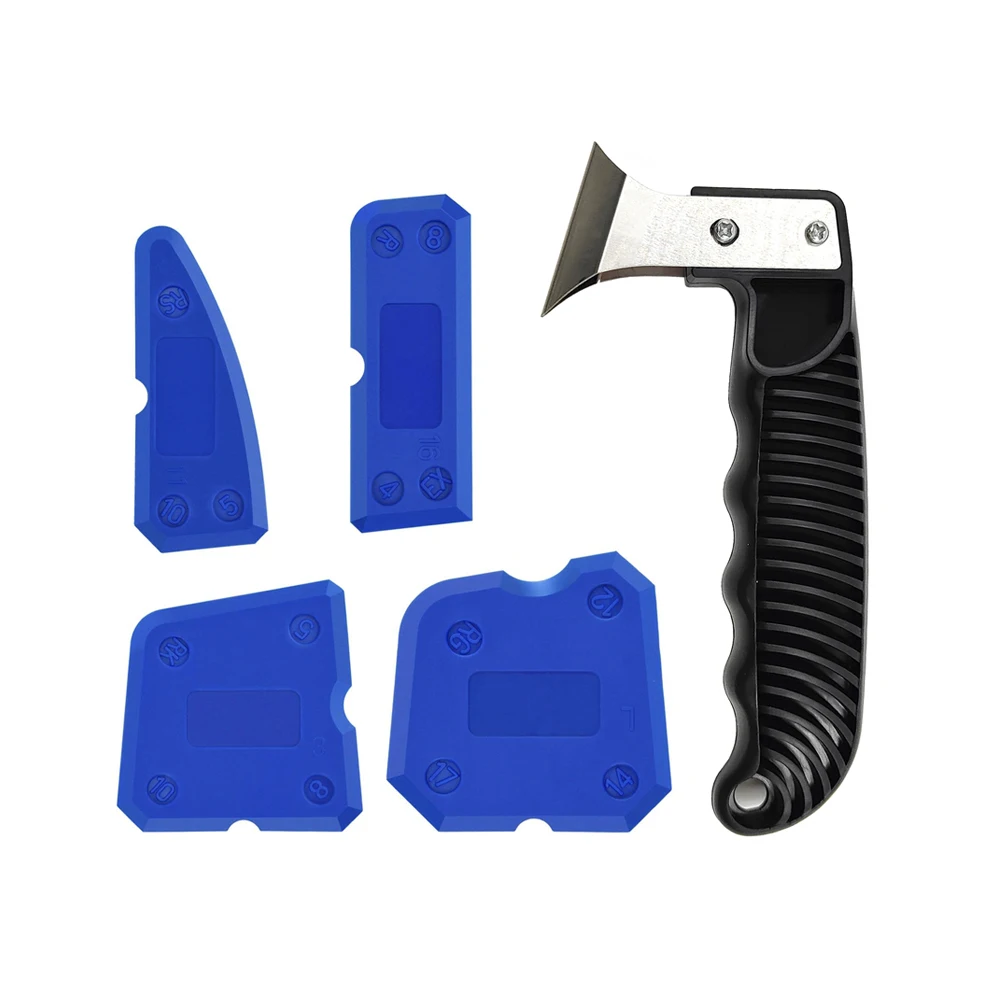 4pcs Blue Silicone Spatulas and 1pc Black Stainless Steelhead Glass Glue Angle Scraper