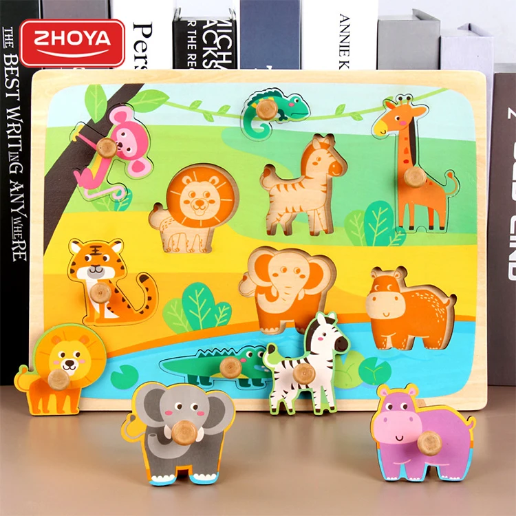 Toddler Educational Toys Hand Grasp Board Wholesale Custom Jigsaw Puzzles Cognition Wooden 3d Jigsaw Puzzle