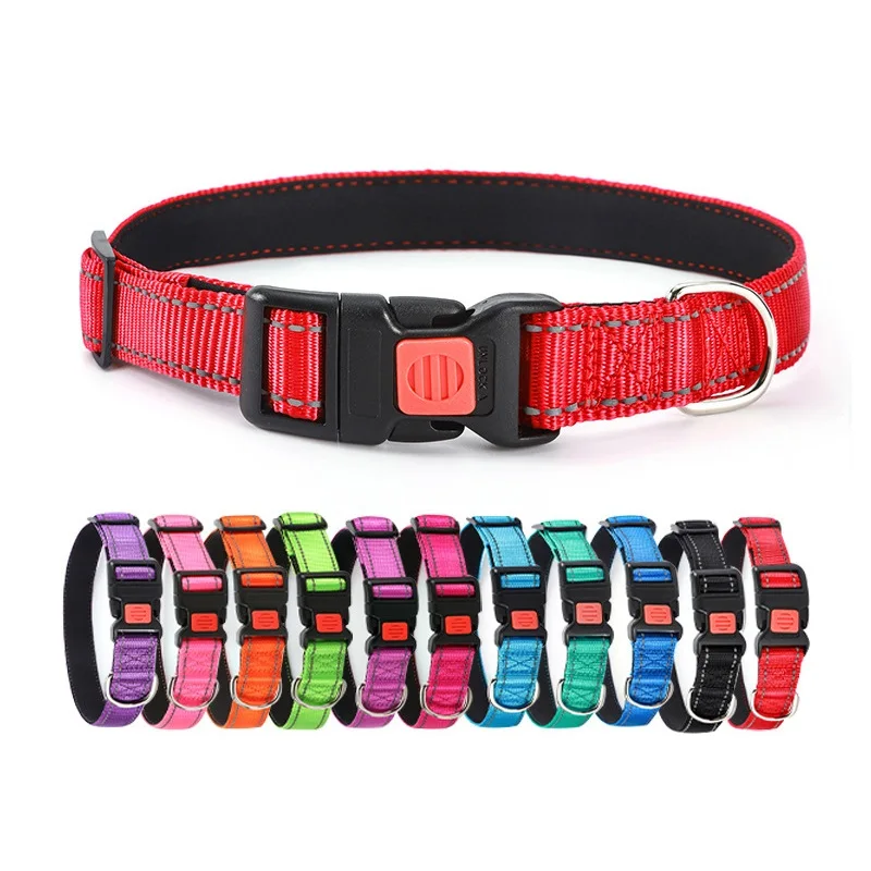 Manufacturer Custom Soft Neoprene Padded Adjustable Reflective Nylon Dog Collar with 12 Colors